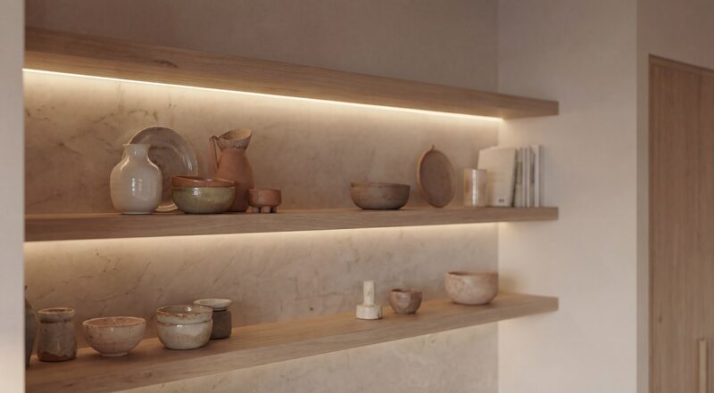 Estante iluminado con objetos decorativos