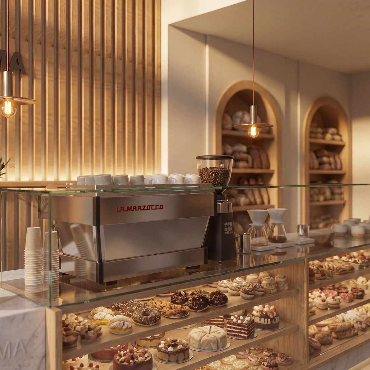 Barra interior con vitrina de repostería