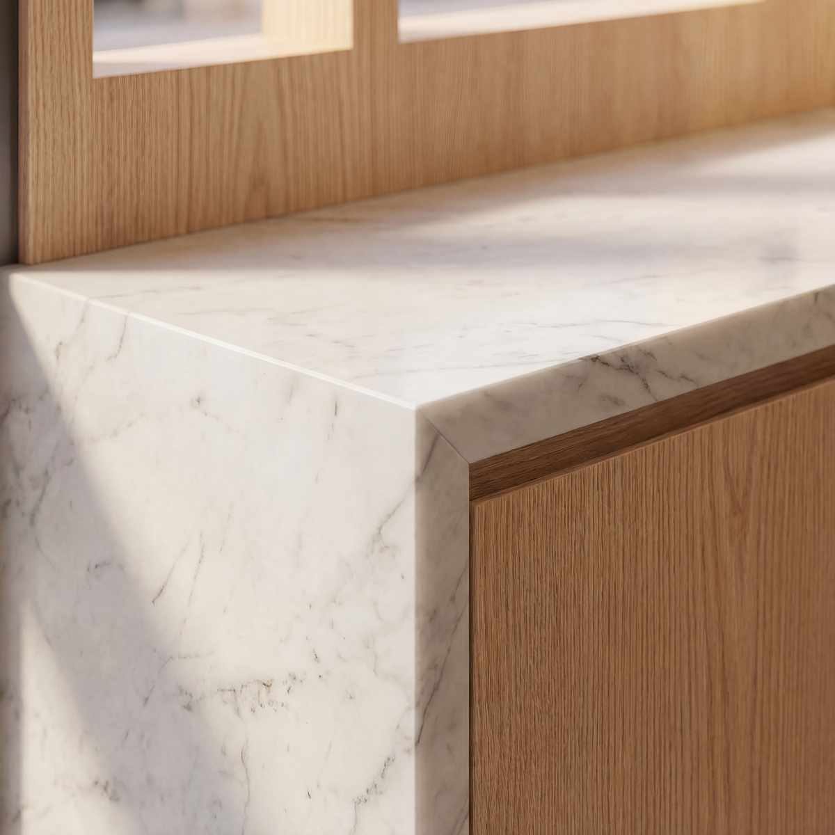 Detalle mármol blanco y roble