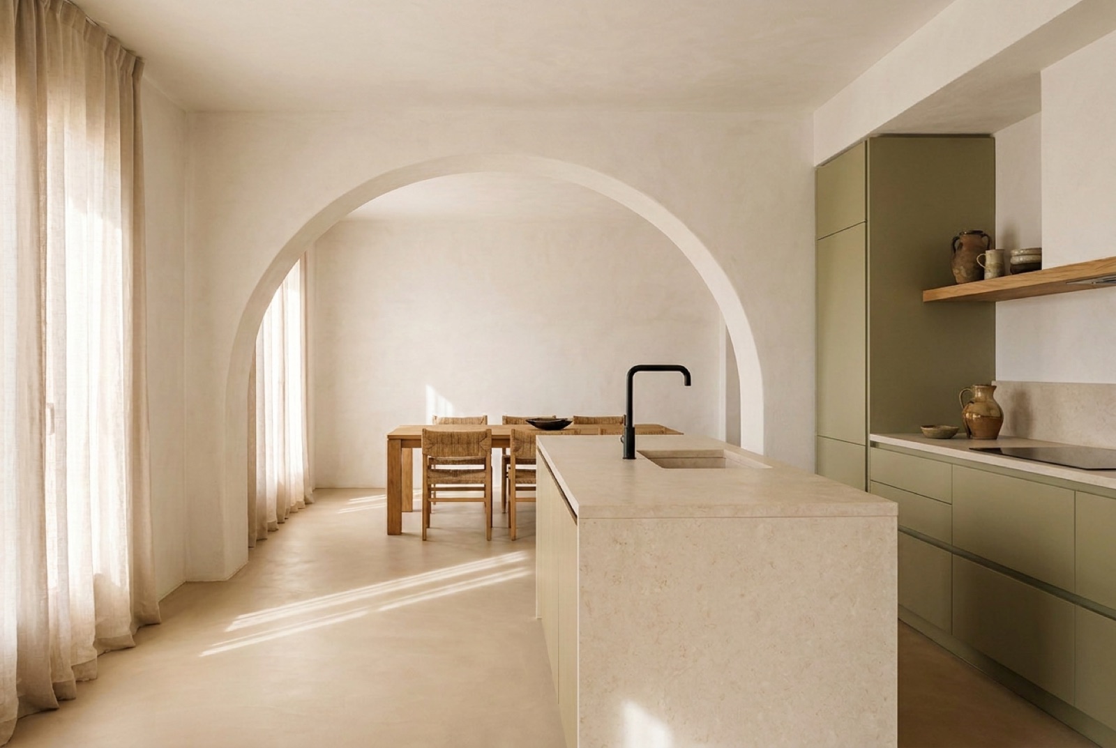 Cocina-comedor con arcos de cal e isla de caliza, Casa Gualba